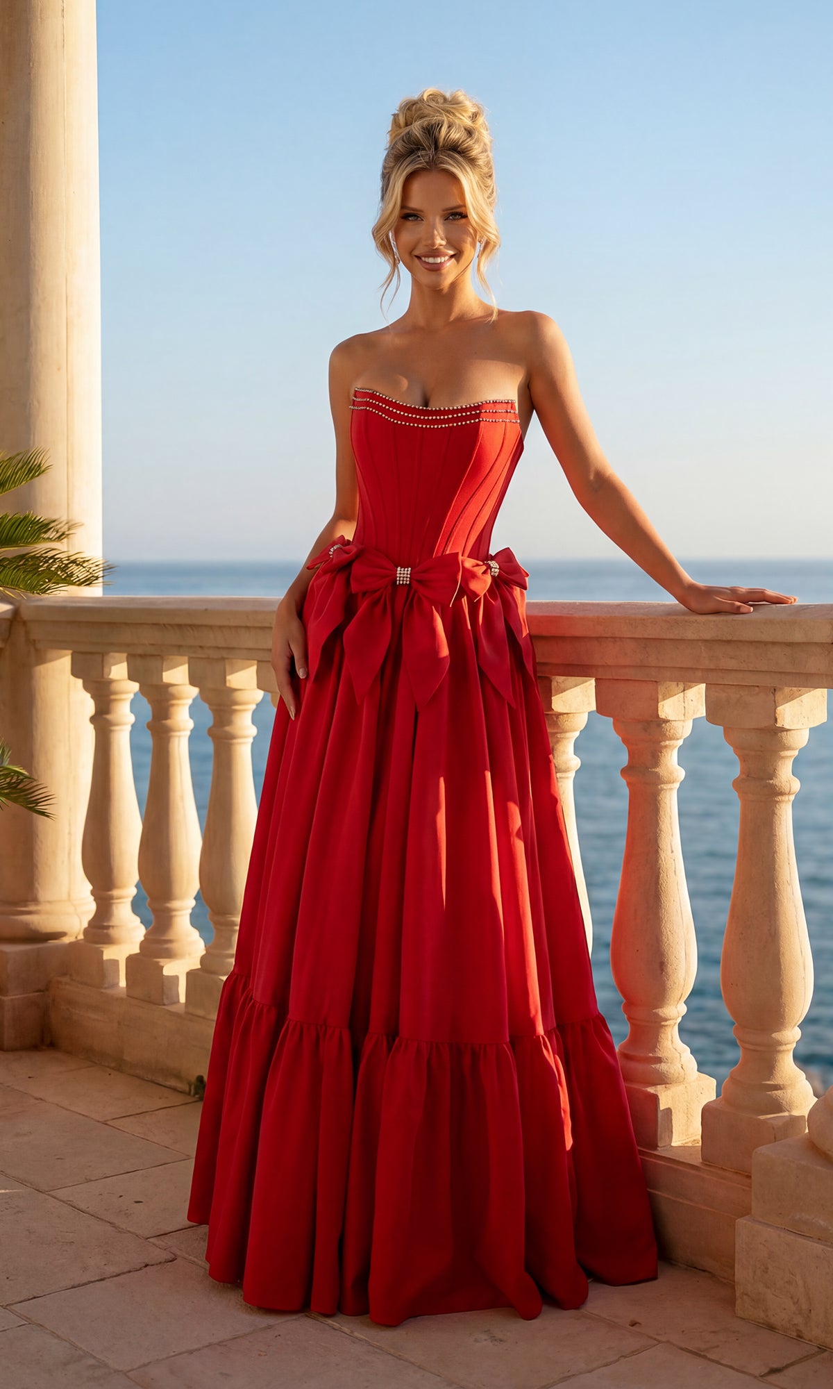 A woman wearing a red Corset Prom Ball Gown with Bows (PromGirl Exclusive) stands on a balcony with stone railings, overlooking the ocean beneath a clear blue sky.